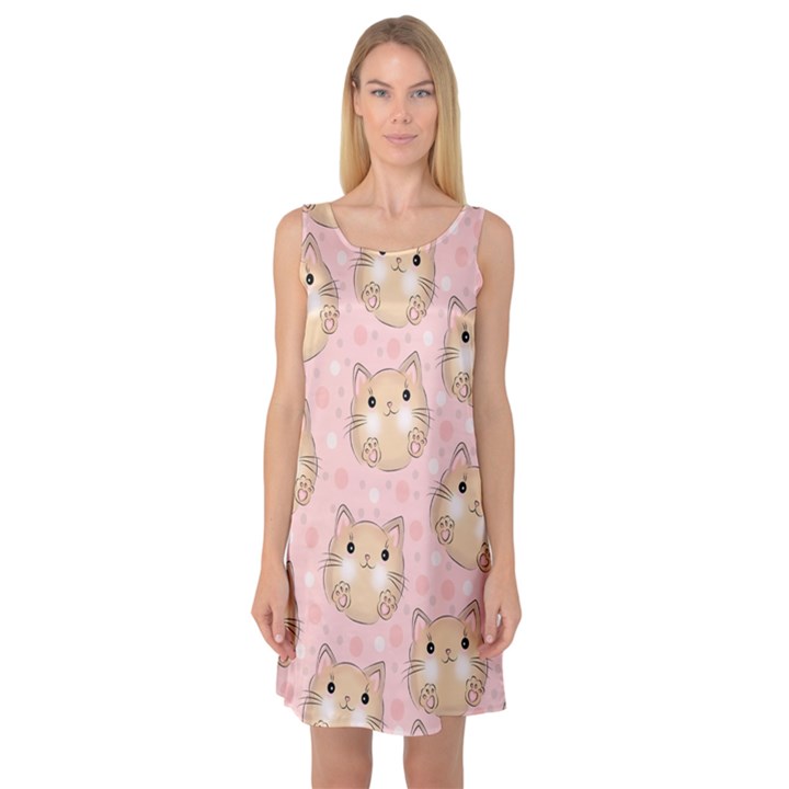 Cat Pattern Pink Background Sleeveless Satin Nightdress