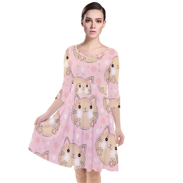 Cat Pattern Pink Background Quarter Sleeve Waist Band Dress