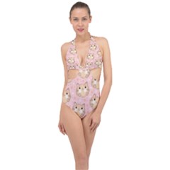 Cat Pattern Pink Background Halter Front Plunge Swimsuit by danenraven