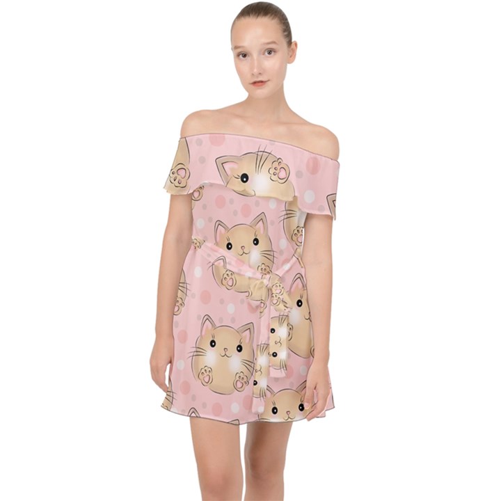 Cat Pattern Pink Background Off Shoulder Chiffon Dress