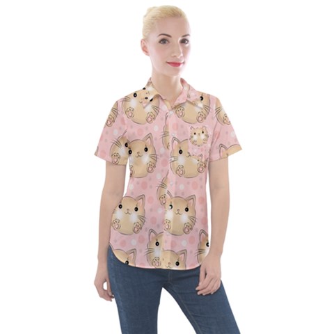 Cat Pattern Pink Background Women s Short Sleeve Pocket Shirt by danenraven