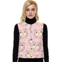 Cat Pattern Pink Background Women s Short Button Up Puffer Vest View1