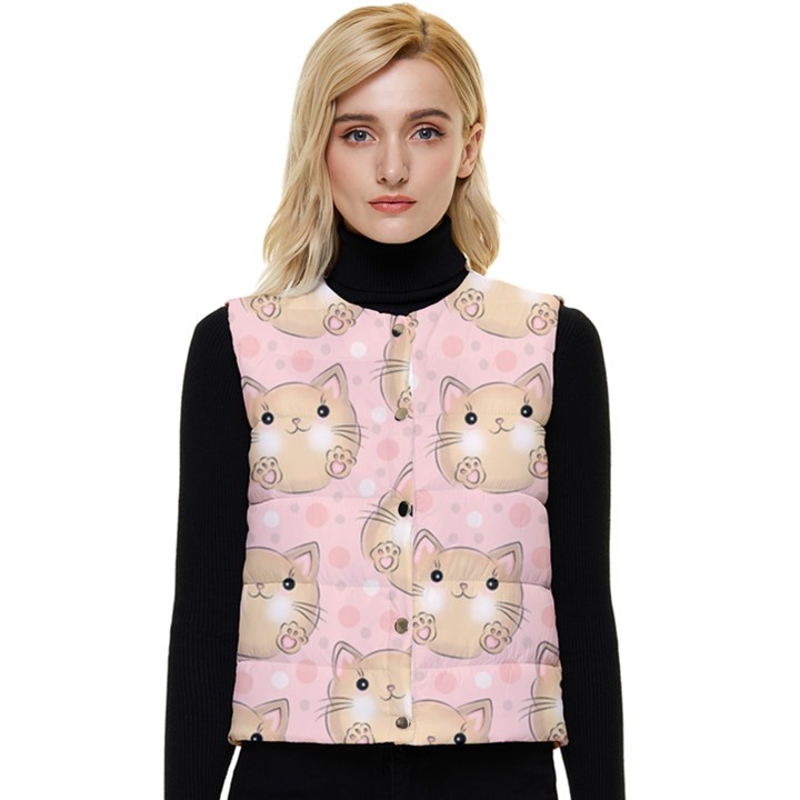 Cat Pattern Pink Background Women s Short Button Up Puffer Vest