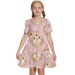 Cat Pattern Pink Background Kids  Short Sleeve Tiered Mini Dress