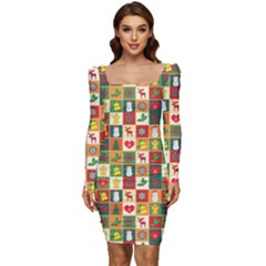 Xmas Christmas Pattern Women Long Sleeve Ruched Stretch Jersey Dress by danenraven