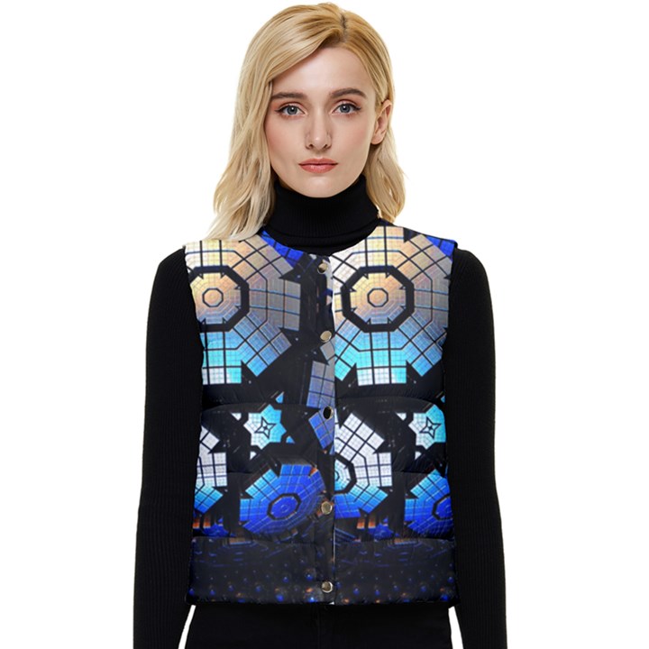 Illustration Tech Galaxy Robot Bot Science Women s Short Button Up Puffer Vest