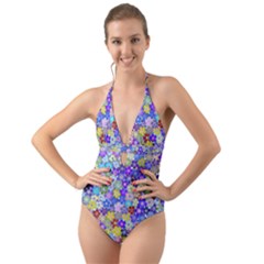 Illustration Background Flower Pattern Floral Halter Cut-out One Piece Swimsuit