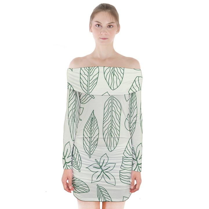 Banana Leaves Draw  Long Sleeve Off Shoulder Dress