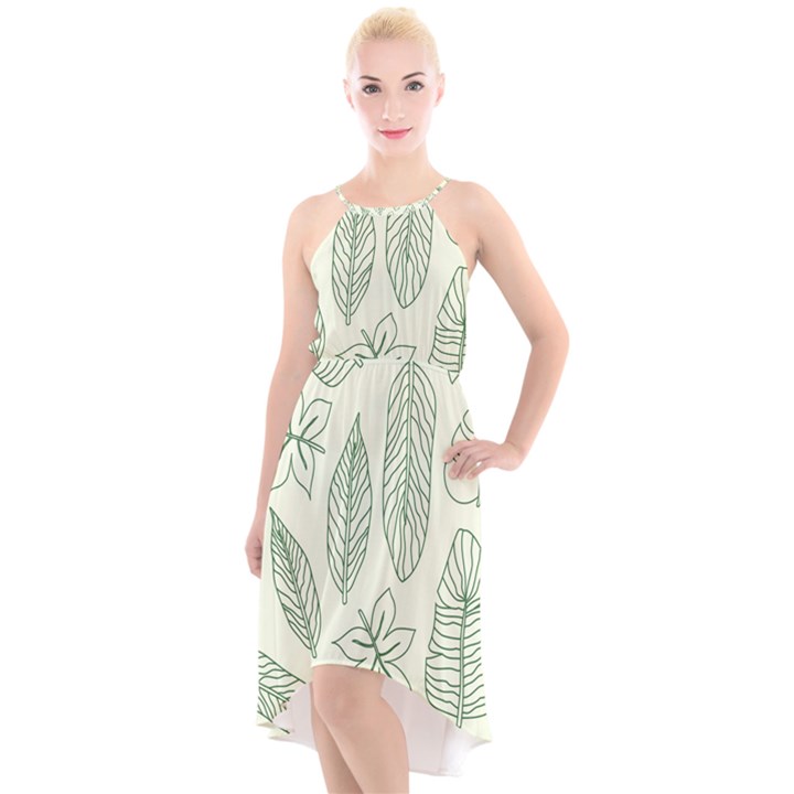 Banana Leaves Draw  High-Low Halter Chiffon Dress 