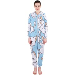 Seamless-little-cat-dragonfly-pattern Hooded Jumpsuit (ladies)