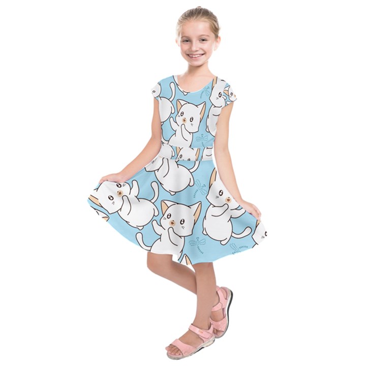 Seamless-little-cat-dragonfly-pattern Kids  Short Sleeve Dress