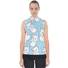 Seamless-little-cat-dragonfly-pattern Mock Neck Shell Top