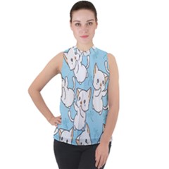 Seamless-little-cat-dragonfly-pattern Mock Neck Chiffon Sleeveless Top