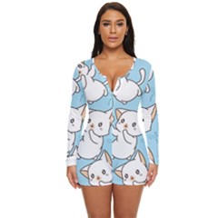 Seamless-little-cat-dragonfly-pattern Long Sleeve Boyleg Swimsuit