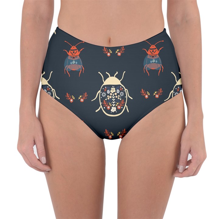 Floral-bugs-seamless-pattern Reversible High-Waist Bikini Bottoms