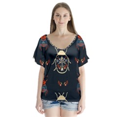 Floral-bugs-seamless-pattern V-neck Flutter Sleeve Top