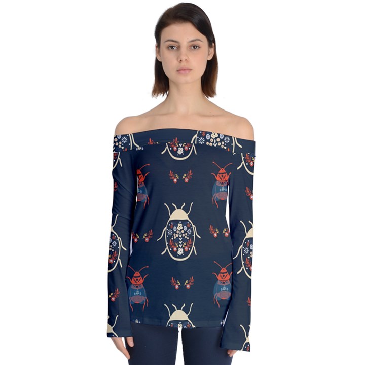 Floral-bugs-seamless-pattern Off Shoulder Long Sleeve Top