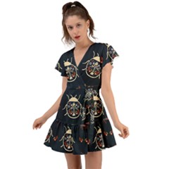 Floral-bugs-seamless-pattern Flutter Sleeve Wrap Dress