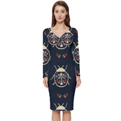 Floral-bugs-seamless-pattern Long Sleeve V-neck Bodycon Dress 