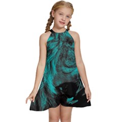 Angry Male Lion Predator Carnivore Kids  Halter Collar Waist Tie Chiffon Dress by Jancukart