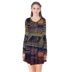 Processor-cpu-board-circuits Long Sleeve V-neck Flare Dress