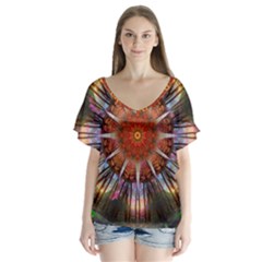 Mandala Trees Flower Psychedelic V-neck Flutter Sleeve Top by danenraven