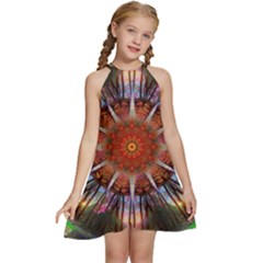 Mandala Trees Flower Psychedelic Kids  Halter Collar Waist Tie Chiffon Dress