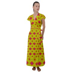 Red Yellow Abstract Flutter Sleeve Maxi Dress by artworkshop