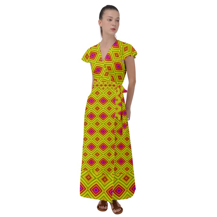 Red Yellow Abstract Flutter Sleeve Maxi Dress