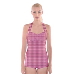 Red Gingham Check Boyleg Halter Swimsuit  by artworkshop