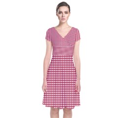 Red Gingham Check Short Sleeve Front Wrap Dress by artworkshop