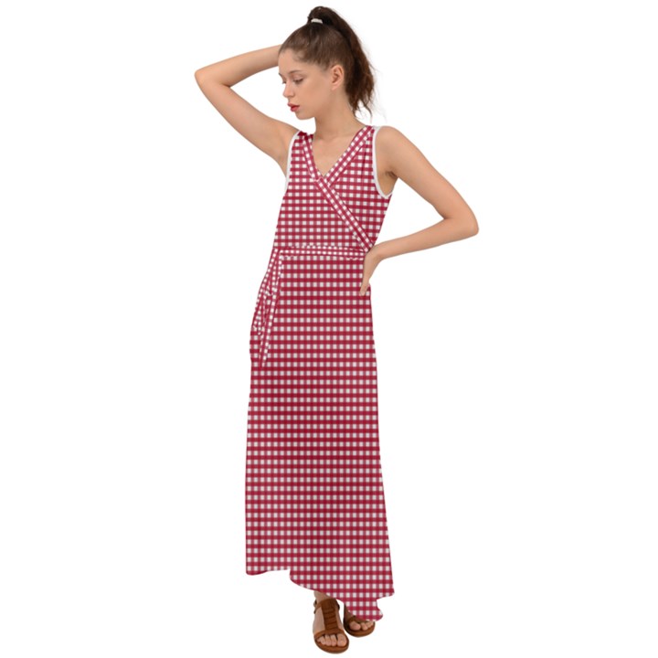 Red Gingham Check V-Neck Chiffon Maxi Dress