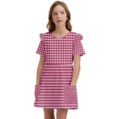 Red Gingham Check Kids  Frilly Sleeves Pocket Dress by artworkshop