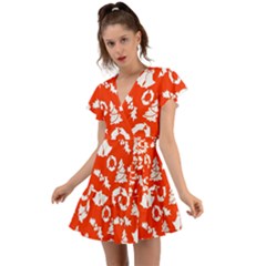 Orange  Card Christmas December Flutter Sleeve Wrap Dress by artworkshop