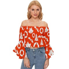 Orange  Card Christmas December Off Shoulder Flutter Bell Sleeve Top by artworkshop