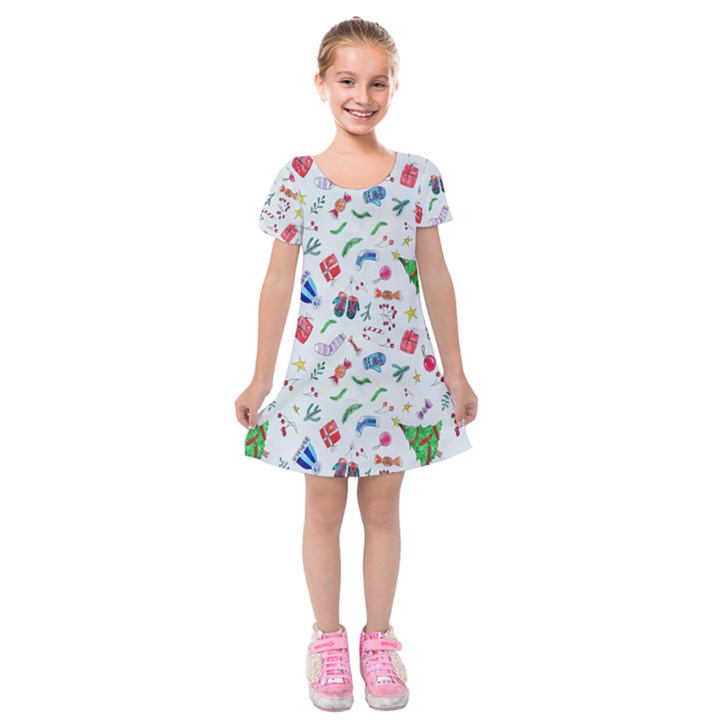 New Year Christmas Winter Watercolor Kids  Short Sleeve Velvet Dress