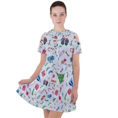 New Year Christmas Winter Watercolor Short Sleeve Shoulder Cut Out Dress  by artworkshop