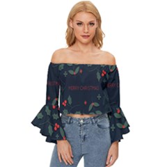 Merry Christmas  Frame Flora Off Shoulder Flutter Bell Sleeve Top by artworkshop