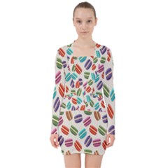 Macaron Macaroon Stylized Macaron Design Repetition V-neck Bodycon Long Sleeve Dress by artworkshop