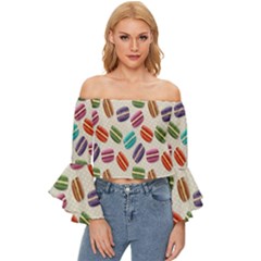 Macaron Macaroon Stylized Macaron Design Repetition Off Shoulder Flutter Bell Sleeve Top by artworkshop