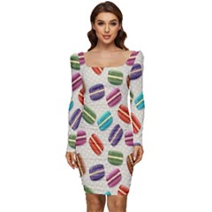 Macaron Macaroon Stylized Macaron Design Repetition Women Long Sleeve Ruched Stretch Jersey Dress by artworkshop