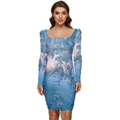 Frost Winter Morning Snow Women Long Sleeve Ruched Stretch Jersey Dress by artworkshop