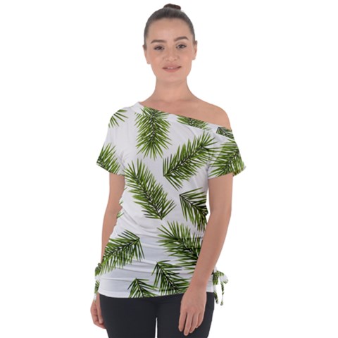 Fir Branch Pattern Christmas Decorative Off Shoulder Tie-up Tee by artworkshop