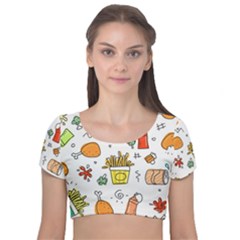 Cute Sketch  Fun Funny Collection Velvet Short Sleeve Crop Top  by artworkshop