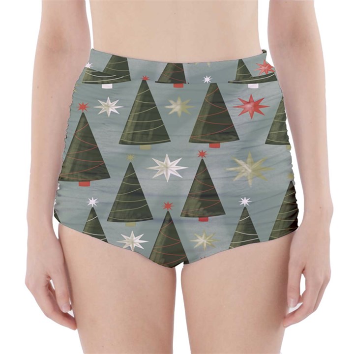 Christmas Trees Pattern High-Waisted Bikini Bottoms