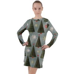 Christmas Trees Pattern Long Sleeve Hoodie Dress