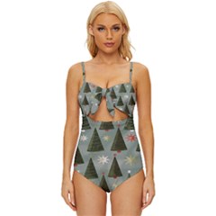 Christmas Trees Pattern Knot Front One-piece Swimsuit by artworkshop