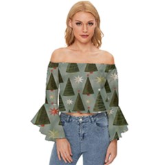 Christmas Trees Pattern Off Shoulder Flutter Bell Sleeve Top by artworkshop