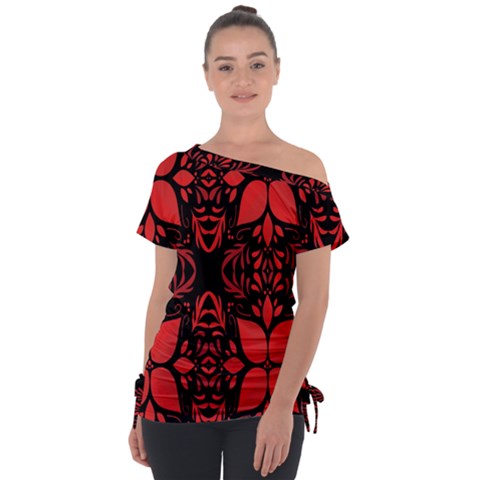 Christmas Red Black Xmas Gift Off Shoulder Tie-up Tee by artworkshop