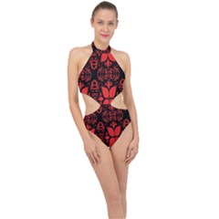 Christmas Red Black Xmas Gift Halter Side Cut Swimsuit by artworkshop